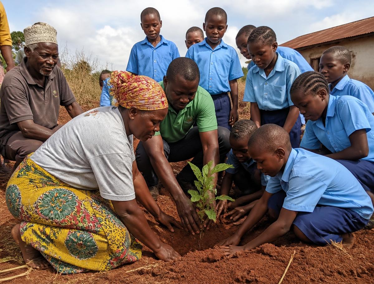 Community members and pupils planting a seedling